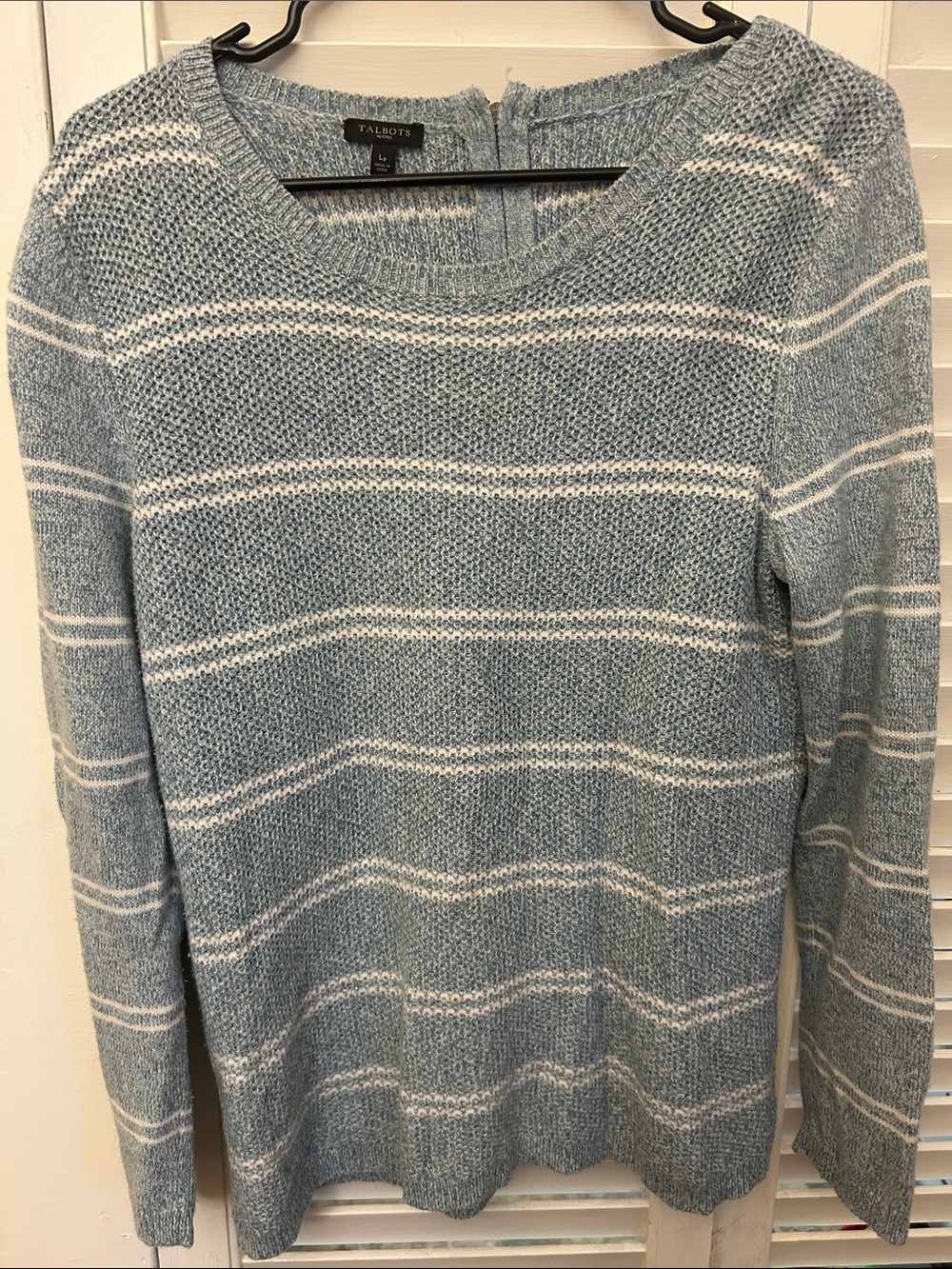 Talbots Heathered Light Blue and White Striped Crewneck Sweater- Womans